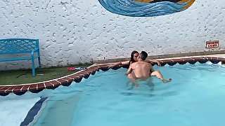 The Neighbor Leaves Her Husband At Home To Fuck The First See In The Pool