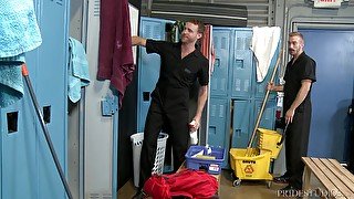 Gay groundskeeper gets cum from two guys in a locker room