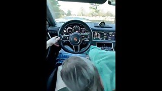 Blonde Milf drains my cock in a Porsche