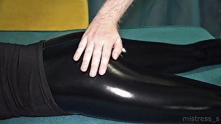 SLOWMO! Slapping and squeezing tight ass in shiny leather leggings