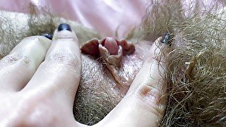 Hairy pussy big clit closeup