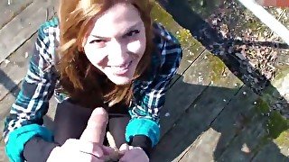 Red haired sweetheart of my buddy sucked his strong cock outdoors