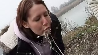 Guy Pisses On Two Chicks Outside Before Fucking Them Inside