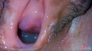 Extreme close up! Cum flowing and dripping into pussy!