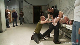 Rough gay sex with tied up dude getting fucked by a lot of guys