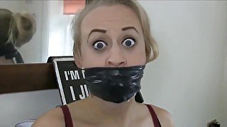 self rubber ball clear tape gagged blonde