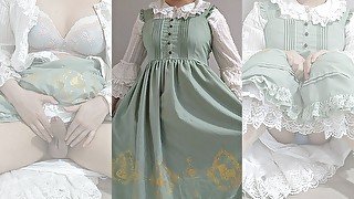 Crossdresser Wearing a Green Girly Dress and Jerking off 男の娘 洋服 偽娘 01