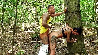 German coed joins a hardcore fucking session in the woods