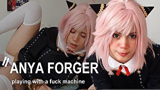 Girl in Anya Forger cosplay playing with a fuck machine