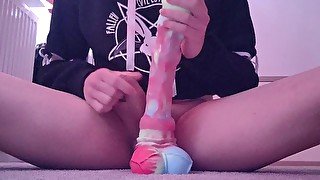 soft boy playing with his horse dildo