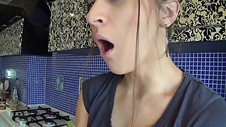 Pretty Russian woman cupping her cleft tongue while yawning pt.2