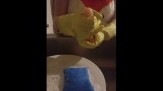 JOI latex gloves/costume fetish/petite blonde washes dishes