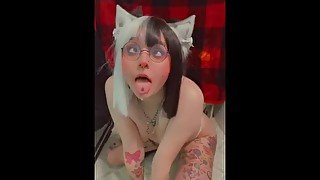 Hot Catgirl with Black and White Hair Shows off Her Ahegao Face and Drools on the Floor