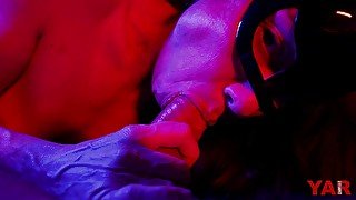 Blowjob adult sucks cock in neon light cum in mouth