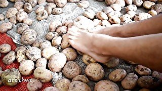 Touching delicious potatoes with the feet