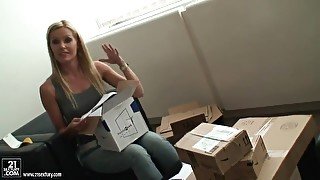 Blonde cutie Sophie Moone unboxing her presents at the eve of her birthday