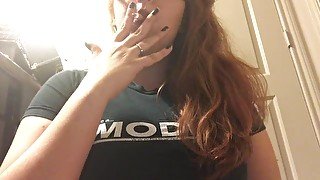 Pale Teen Redhead Babe Smoking Cork Tip Filter in Dark Lipstick - Big Tits