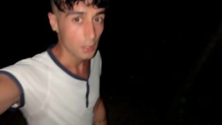 Horny sweaty twink jerks off while friends are camping near