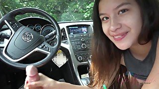 Brunette cutie with sexy smile gives POV blowjob and handjob in car