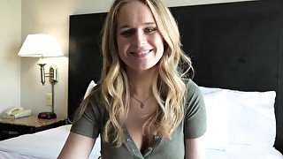 Petite teen with pigtails sucks cock POV style