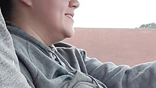 Playing and sucking wife's tits on car ride