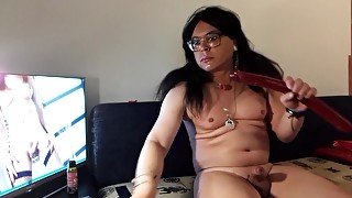 Trans diva Diana completely naked sucks big dildo jerking cock