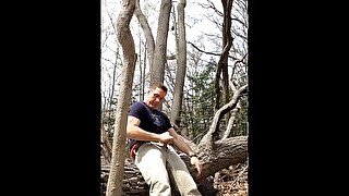 Wanking in the woods, jerking-off outside, jerking off on a log, stroking my cock showing cumshot