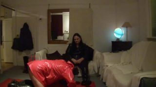 Bbw mistress lydia has slave lick pvc boots and feet clean