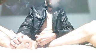 Leather, smoking and cumshot on my feet