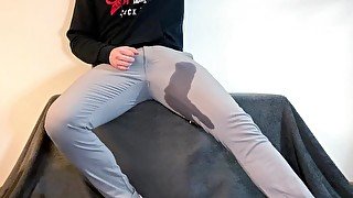 Loud moaning cumshot in pants  huge cumshot  slowmotion