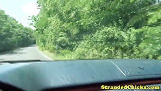 Hitchhiking couple fuck in back seat of car