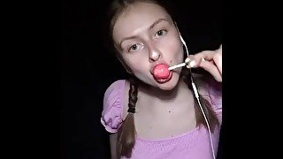 Schoolgirl sucks lollipop, drools a lot, and does Ahegao