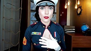 Seductive Marine babe in uniform shows her big fake tits topless