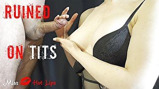 Miss Hot Lips ruins orgasm three times and uses cum as boobs lotion. Amateur femdom