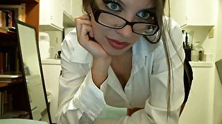 Gorgeous secretary with huge silicon boobs playing with her pussy