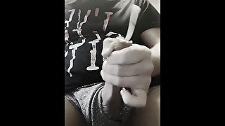 Solo wank and cumshot in black and white