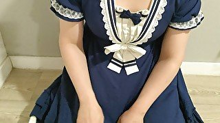 Crossdresser Wearing a Blue Dress and a Thick Diaper, then Jerking Off 6 男の娘 洋服 偽娘 おむつ