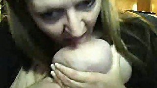 Horny BBW webcam mommy strokes and sucks her huge saggy boobs