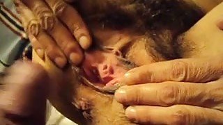 Bitch wanted to get her hairy pussy lips stretched with a strong cock