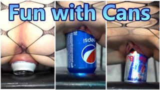 Wife has fun fucking herself with cans of cola and red bull