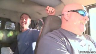 Horny hunks have rough gay sex in the backseat of a van