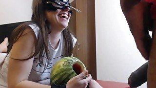 Blowjob and melon fucking. 1 guy 1 girl and a melon.