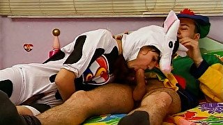 Two frisky folks oral stroke each other's cunts wearing fun costumes