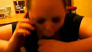 Chunky white slut sucks my big black dick and talks on the phone