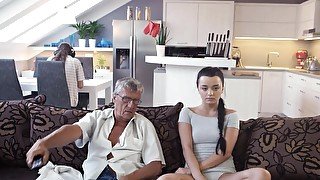 Horny minx sucks daddy's old cock behind boyfriend