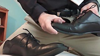 Khaki pants leather shoe play cumshot