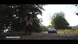 Public flashing, hotwife Ella lets her dress fall off when a car drives by - EllaExhib