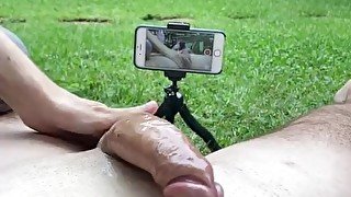 Perfect Handjob on my Garden with Huge Cumshot