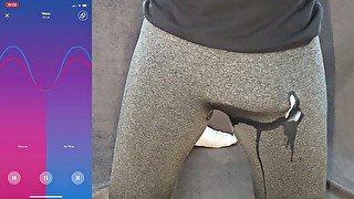 Huge hands free cumshot in through pants