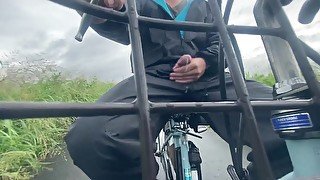 Masturbation on a bicycle on a rainy day.